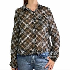TIMING Brown Plaid Sheer Blouse Medium